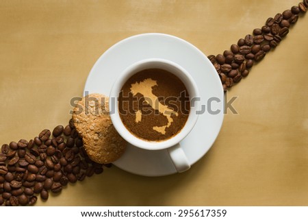 Still life photography of hot coffee beverage with map of Italy
