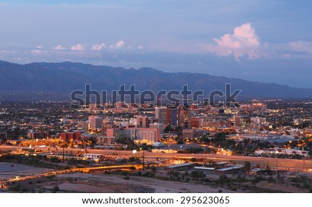 Tucson Skyline Showing the Downtown of Tucson after Sunset from Sentinel Peak Park, Tucson Arizona, USA Royalty-Free Stock Photo #295623065
