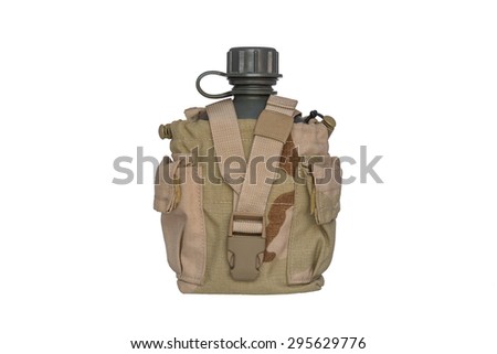 Army water canteen with desert cover isolated on a white background