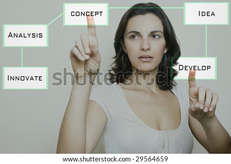 Young woman pointing a screen