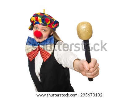 Pretty female clown with maracas isolated on white