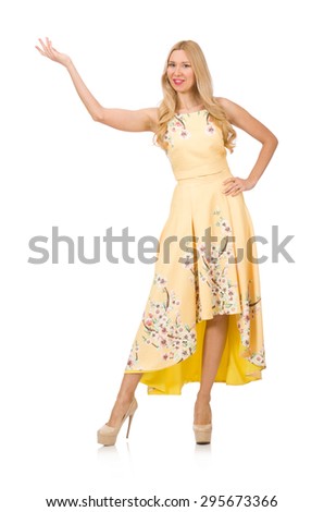 Blond girl in charming dress with flower prints isolated on white
