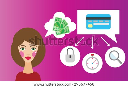 A Girl and Mobile Security Thinking about Financial Options Vector Art