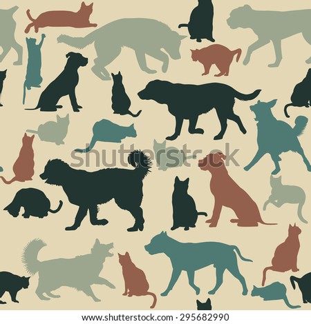 Vintage seamless background with cats and dogs silhouettes
