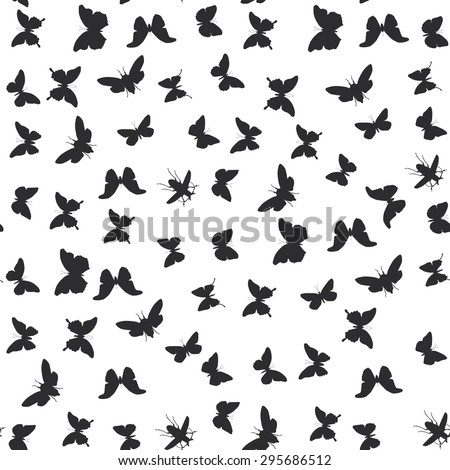 set butterflies, cicada isolated black silhouette. Seamless pattern on white background. Vector