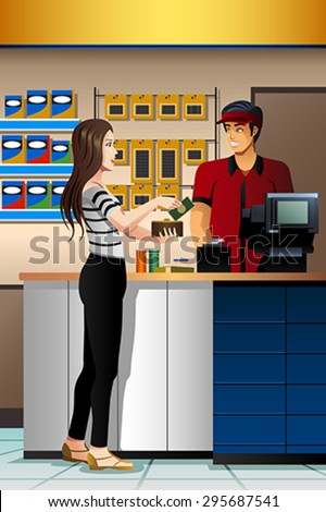 A vector illustration of beautiful Woman Paying the Cashier at the Store
