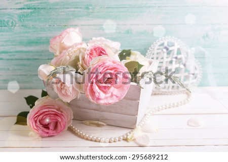 Background with sweet pink roses flowers  in wooden box  in ray of light on white painted wooden background against turquoise wall. Selective focus. Place for text.
