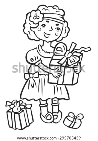 Girl with gifts. black-and-white picture