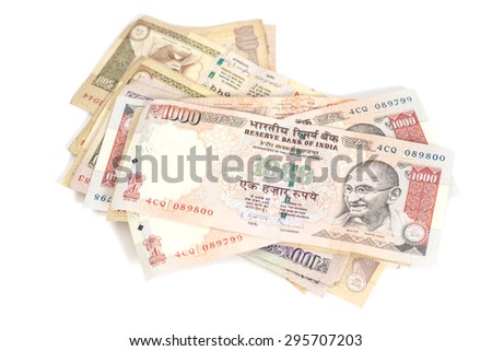 Indian Currency Rupee bank notes on white background Royalty-Free Stock Photo #295707203