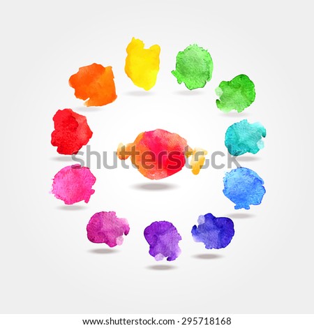 Vector set of rainbow watercolor palette circle splatters with shadow. 
