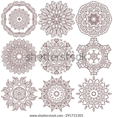 Set of ethnic ornamental floral pattern. Hand drawn mandalas. Orient traditional background. Lace circular ornaments.  Ethnic, Indian, Islamic, Asian, ottoman, Arabic  motifs. Vector illustration.