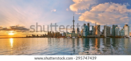 Panorama of Toronto skyline at sunset in Ontario, Canada.