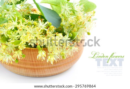 Flowers of linden tree in wooden bowl on a white background