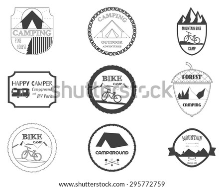 Set of mountain retro insignia and label logo graphics. Camping badges and travel logo emblems. Mountain bike, rv park, motorhome and forest campsite theme. Vector illustration