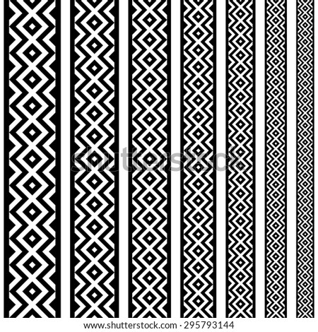 Border decoration elements patterns in black and white colors. Geometrical ethnic border in different sizes set collections. Vector illustrations. Can use as tattoos, frames, patterns, dividers