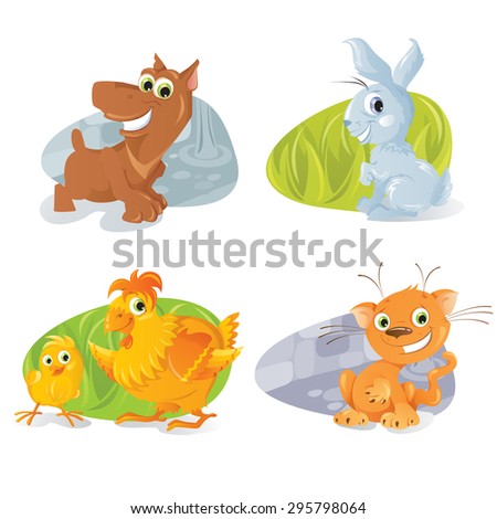 Vector animals in sticker style. Cute animals. rabbit, dog, chicken and cat. 