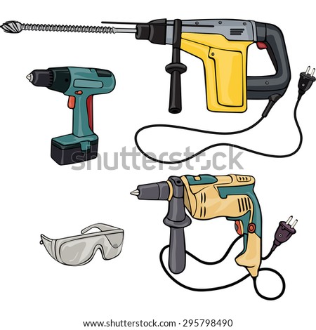 Vector illustration, hammer drills, cartoon concept, white background.