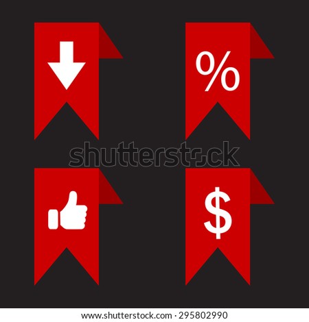 labels/ribbons (percent, like, arrow down and dollar sign) set. Vector design for website