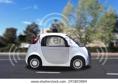 Autonomous self-driving (drive) driverless vehicle with radar driving on the road Royalty-Free Stock Photo #295803884