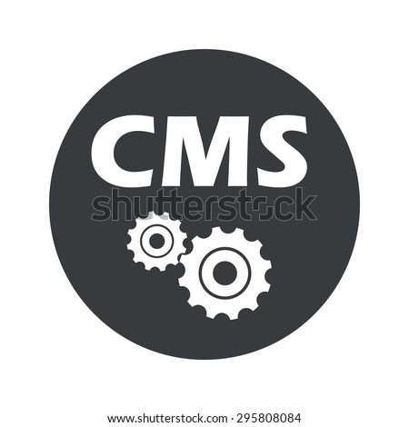 Text CMS and two gears in black circle, isolated on white