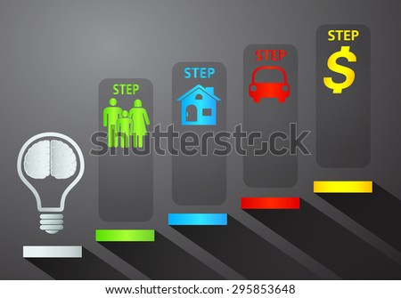 money chart. vector illustration. lamp idea make money. infographics.marketing, victory. Ladder to success.walk. goal.graphic.stair.icon.destination, win.brain.business idea. home car Family, advances