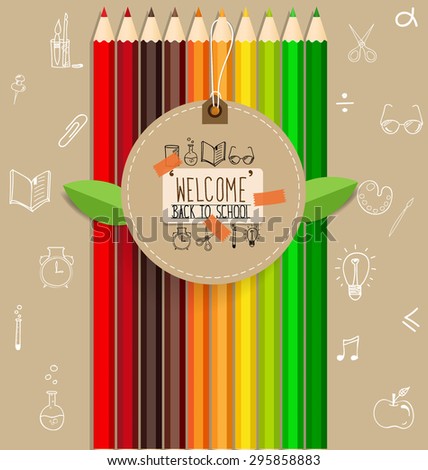 Welcome back to school with paper note and color pencils background, vector illustration.