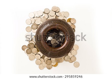 Coins and old clay amphora as treasure