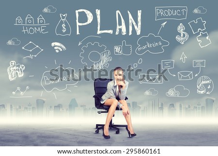 Young lady in chair and looking at camera on abstract virtual background with business words