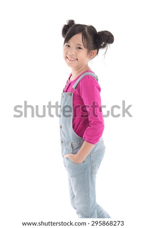 Portrait of beautiful asian girl in overalls on white background isolated