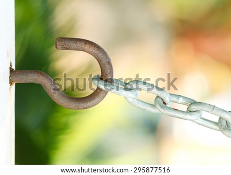 Chains with Rusted hooks on Natural background.