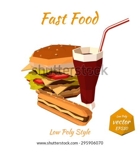 Set of fast food: hamburgers, hot dog with mustard, sodas drink with a straw isolated on white background. Low poly style. Design your menu diner bistro. Vector illustration. 
