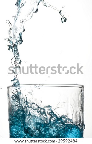 Glass and creative splashing water.Isolated on white