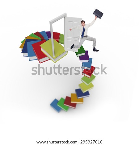 Cheerful jumping businessman with his suitcase against white background with vignette