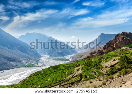 View of Spiti valley and Spiti river in Himalayas. Spiti valley, Himachal Pradesh, India Royalty-Free Stock Photo #295945163