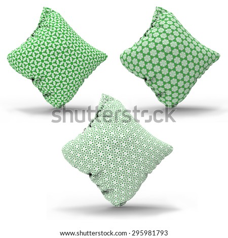 green Interior design elements Decorative pillow set  with geometrical patterned pillowcase , Isolated on white.