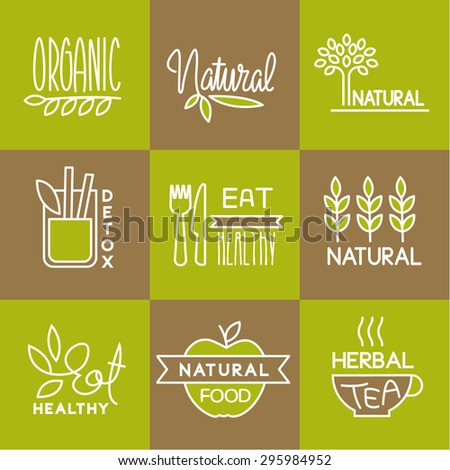 Vector labels in trendy mono line style organic and natural badges for fresh farm products and food packaging of linear emblems and icons