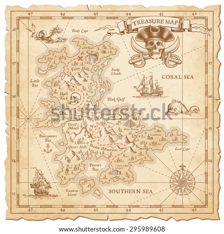 A Hi detail, grunge Vector "Treasure Map" with lots of decoration hand drawn with incredible details. Royalty-Free Stock Photo #295989608