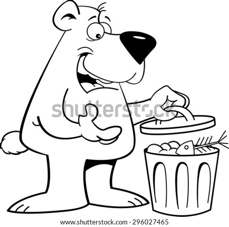 Black and white illustration of a bear looking in a garbage can.