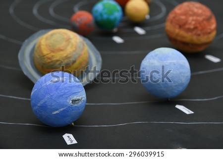 Kids presenting their science home project at school - chart showing the planets of our solar system prepared for education purpose for students.