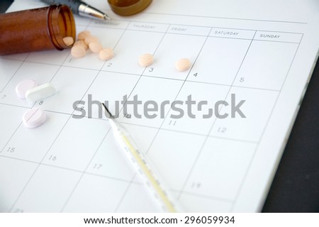 close up thermometer on schedule with pills