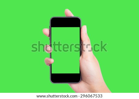 Photo blank. Women hand holding blank mobile smart phone on green screen.