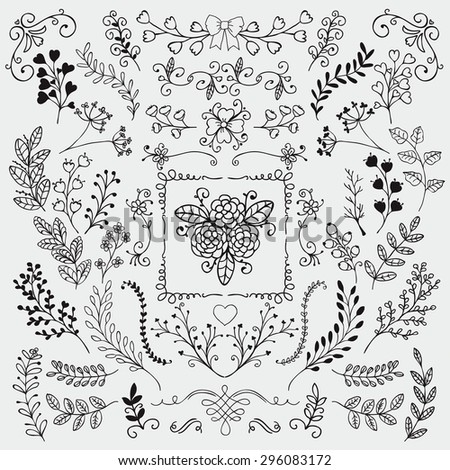 Vector Black Hand Sketched Rustic Floral Doodle Branches, Design Elements. Decorative Floral Frames, Dividers, Branches, Swirls. Hand Drawing Vector Illustration. Pattern Brushes.