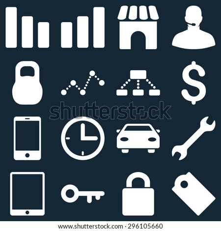 Basic business vector icons. These plain symbols use white color and isolated on a dark blue background.