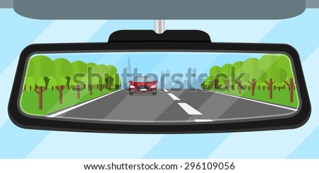 picture of a car rear view mirror reflected road, another car, trees and big city silhouette, flat style illustration Royalty-Free Stock Photo #296109056