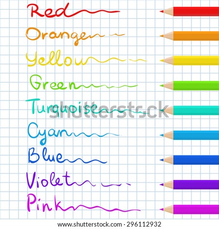 pencil palette with names of colors in sketch style, vector illustration