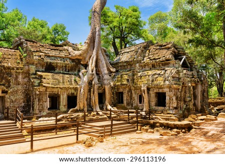 Ancient gallery of amazing Ta Prohm temple overgrown with trees. Mysterious ruins of Ta Prohm nestled among rainforest in Angkor, Siem Reap, Cambodia. Angkor is a popular tourist attraction. Royalty-Free Stock Photo #296113196