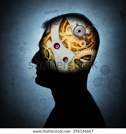 Silhouette of a human head with gears in place of the brain. Retro style.