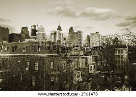 Sunset over downtown Center City, Philadelphia, PA in vintage sepia.
