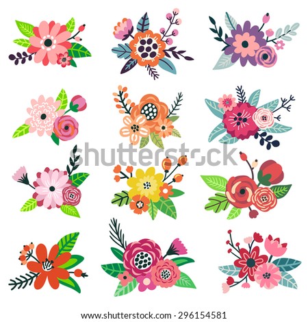 Vector set of hand drawing beautiful bouquets. Floral elements for your design: flowers, berries, branches, leaves. Botanical garden set. All elements are isolated on white.
