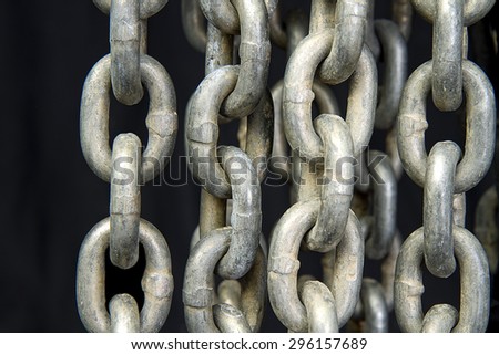 Closeup of heavy bulky chains/links against black background.
